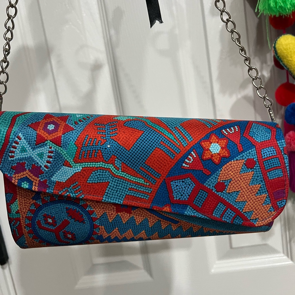 Red and Blue Geometric Clutch with Chain Strap